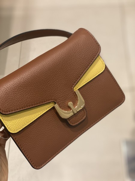 Кожаная сумка ambrine mini 18•13,5 cm коричневая с желтым, один кожаный плечевой ремешок